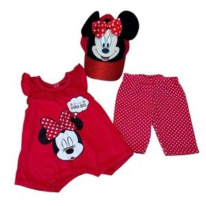 3 PC Bundle Disney Minnie Mouse Polka Dot Outfit Set Hat Top Leggings Toddler